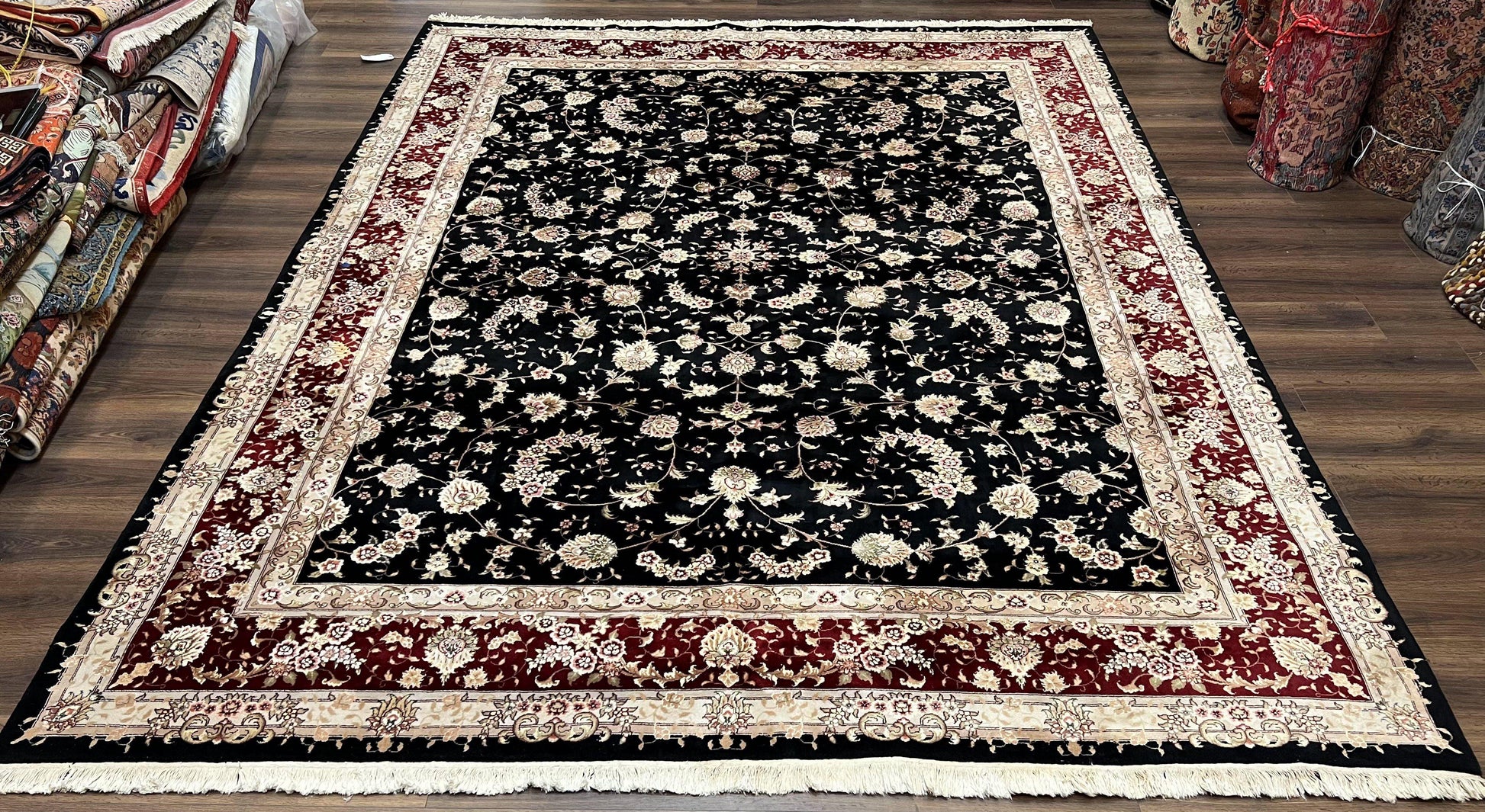 Sino Persian Rug 9x12, High Quality Oriental Carpet, Black and Maroon, Wool and Silk, Allover Floral Pattern, Hand Knotted, Vintage Rug Nice - Nuvé
