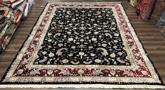 Sino Persian Rug 9x12, High Quality Oriental Carpet, Black and Maroon, Wool and Silk, Allover Floral Pattern, Hand Knotted, Vintage Rug Nice - Nuvé