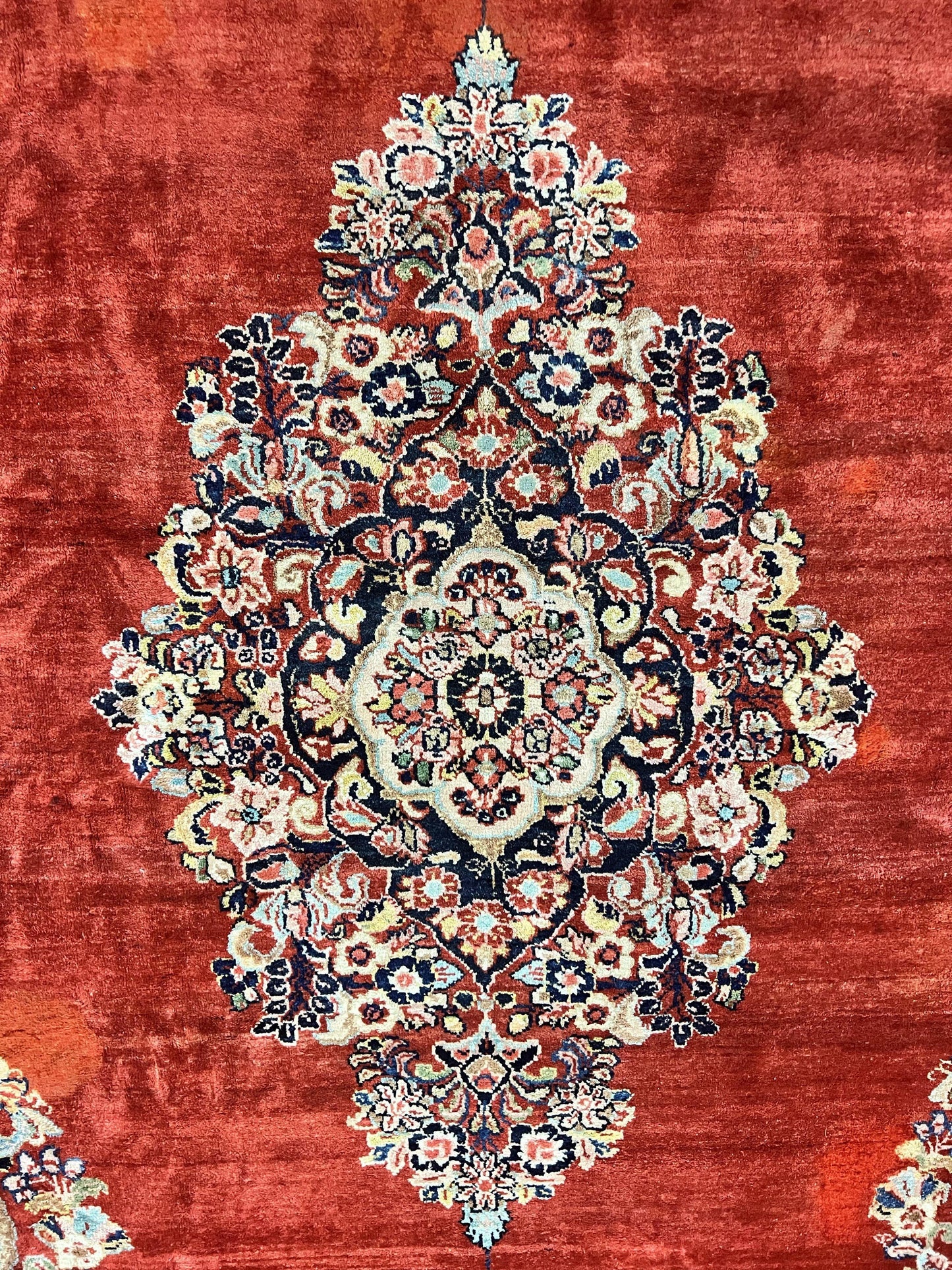Persian Sarouk Rug 11x14, Semi Open Field, Large Antique Persian Wool Handmade Carpet, Red and Dark Blue, Floral - Nuvé