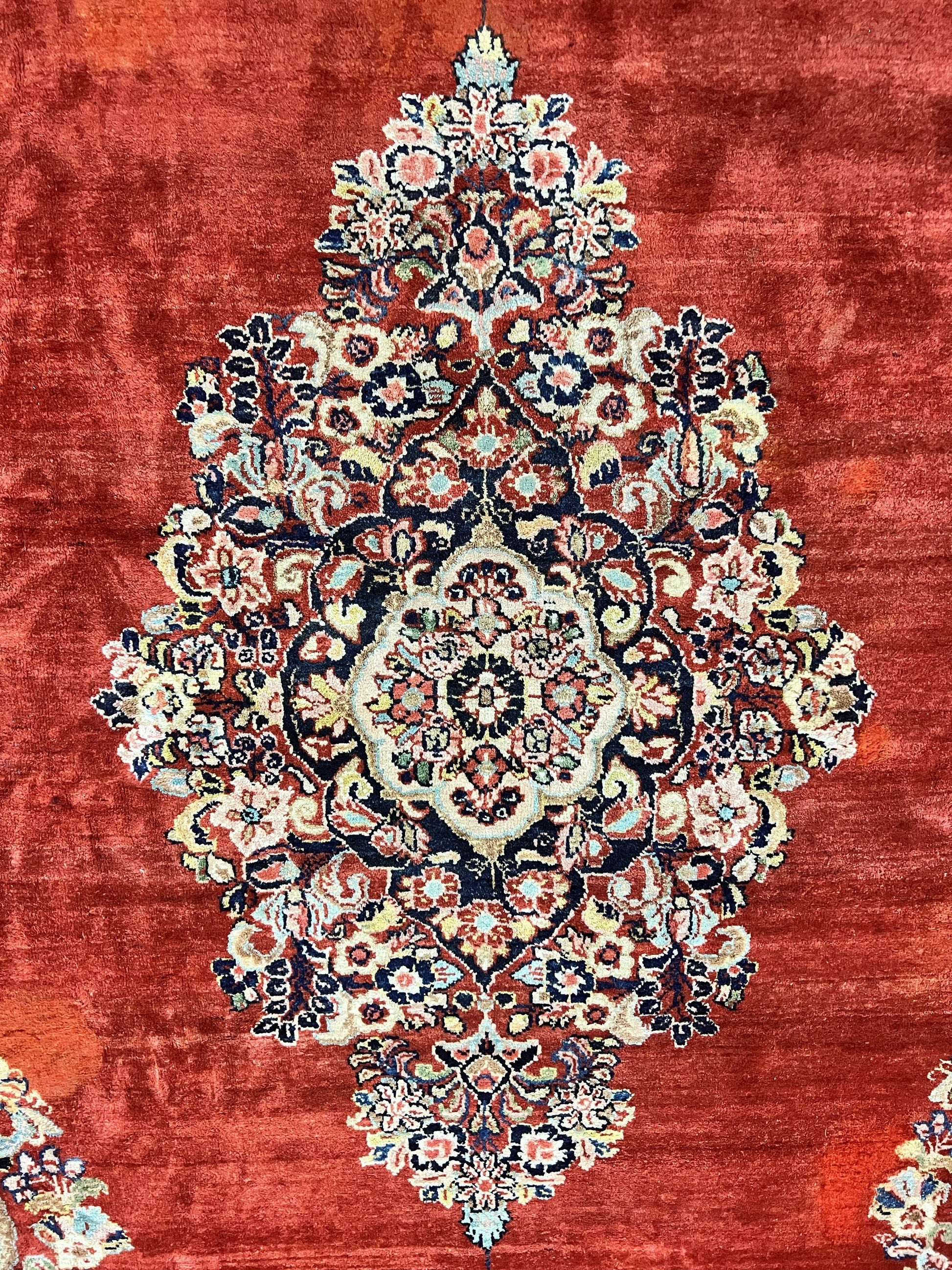Persian Sarouk Rug 11x14, Semi Open Field, Large Antique Persian Wool Handmade Carpet, Red and Dark Blue, Floral - Nuvé