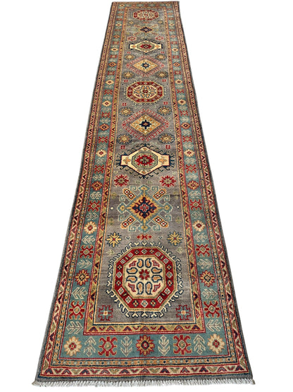 Hand-Knotted Afghan Kazak Wool Runner Rug – 2'7" x 12'3" – Traditional Geometric Design - Nuvé