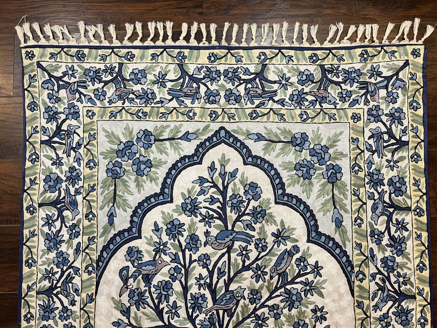 Tree of Life Indian Hand Stitched Rug 4x6, Indian Wall Hanging Rug, Ivory Blue, Silk on Cotton, Vintage - Nuvé