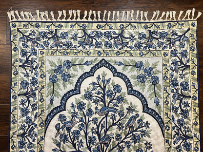 Tree of Life Indian Hand Stitched Rug 4x6, Indian Wall Hanging Rug, Ivory Blue, Silk on Cotton, Vintage - Nuvé