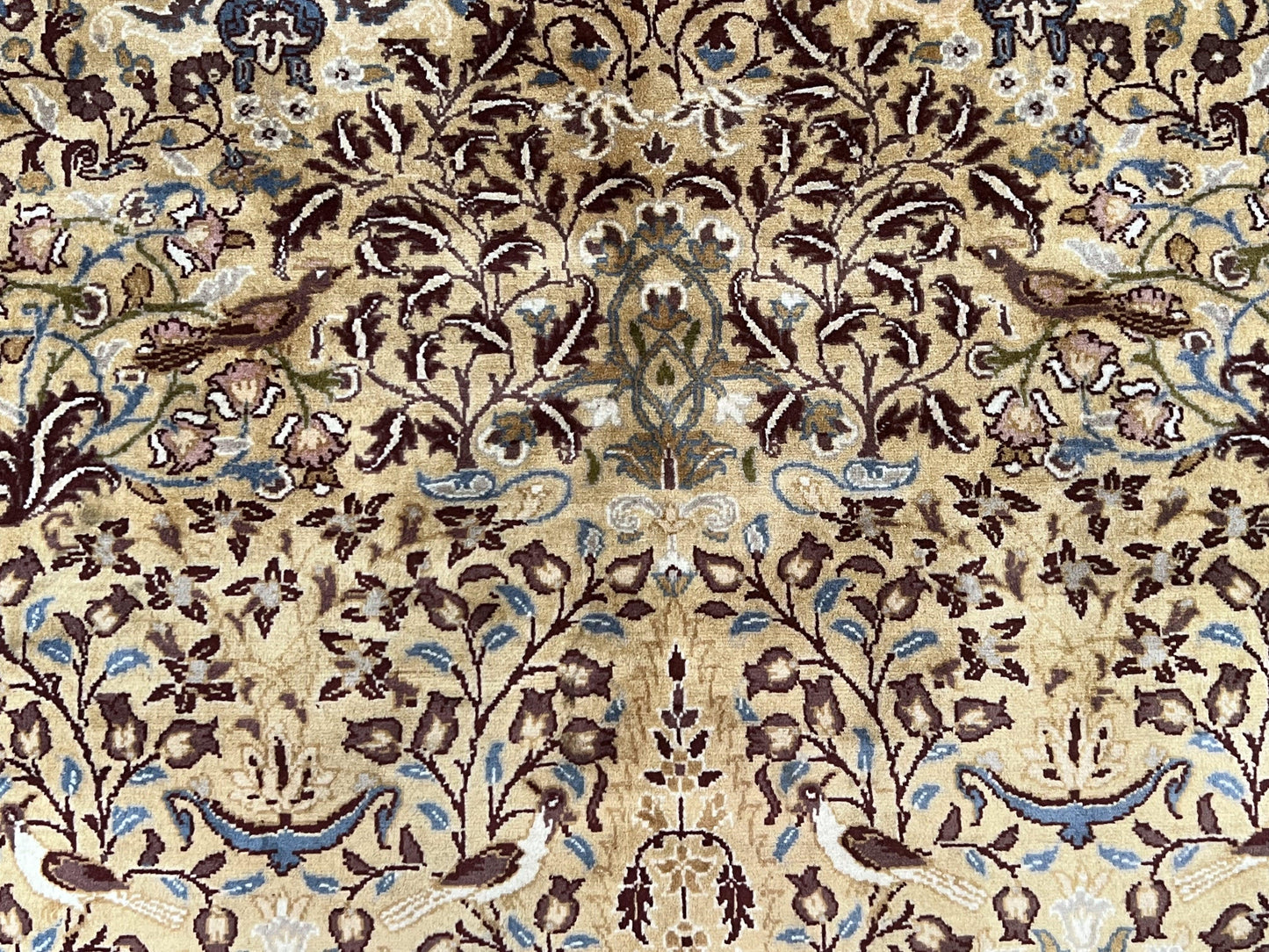 Pretty Indo Persian Rug 6x9, Allover Floral Motif with Birds, Tan/Cream, Very Fine Oriental Carpet, Hand Knotted Vintage Indian Wool Rug - Nuvé