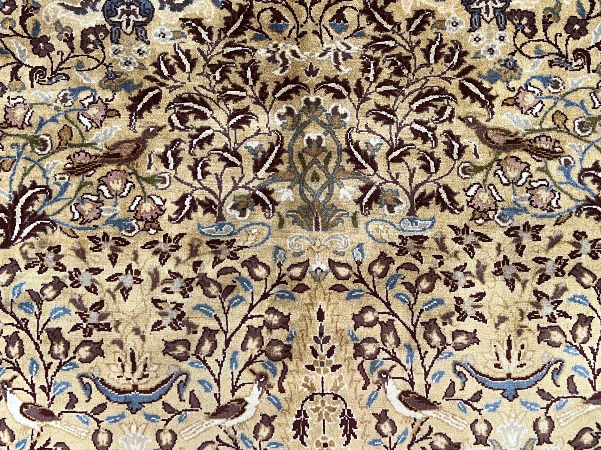 Pretty Indo Persian Rug 6x9, Allover Floral Motif with Birds, Tan/Cream, Very Fine Oriental Carpet, Hand Knotted Vintage Indian Wool Rug - Nuvé