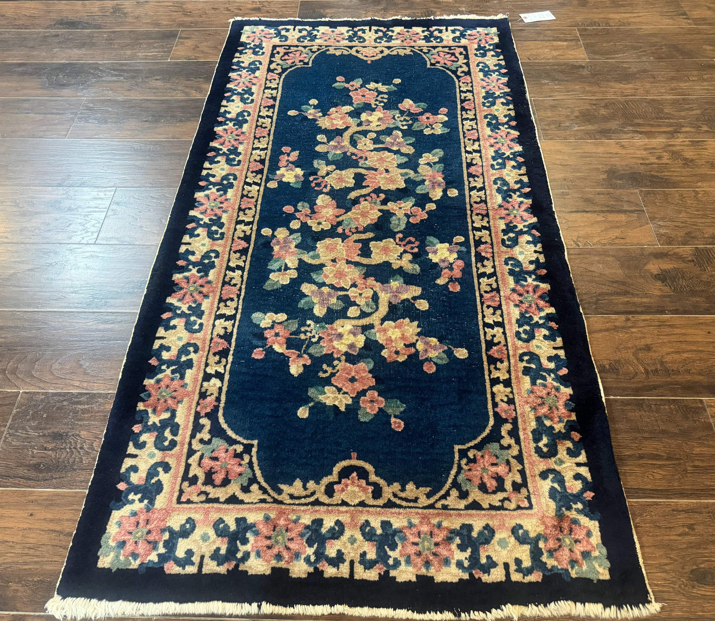 Blue and Beige Chinese Wool Rug 3x6, Chinese Fete Rug, Peking Rug, Antique Chinese Carpet - Nuvé