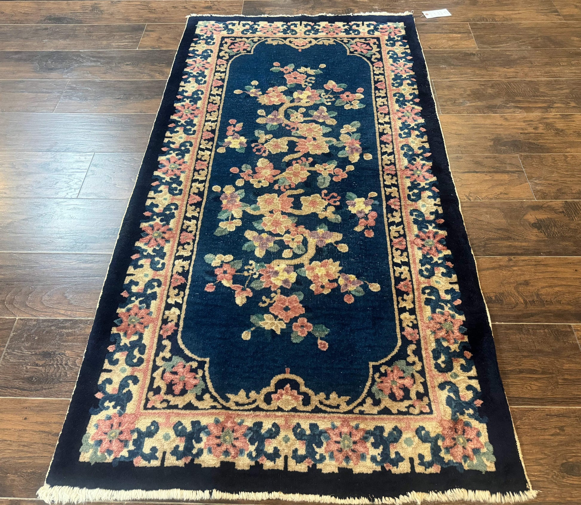 Blue and Beige Chinese Wool Rug 3x6, Chinese Fete Rug, Peking Rug, Antique Chinese Carpet - Nuvé