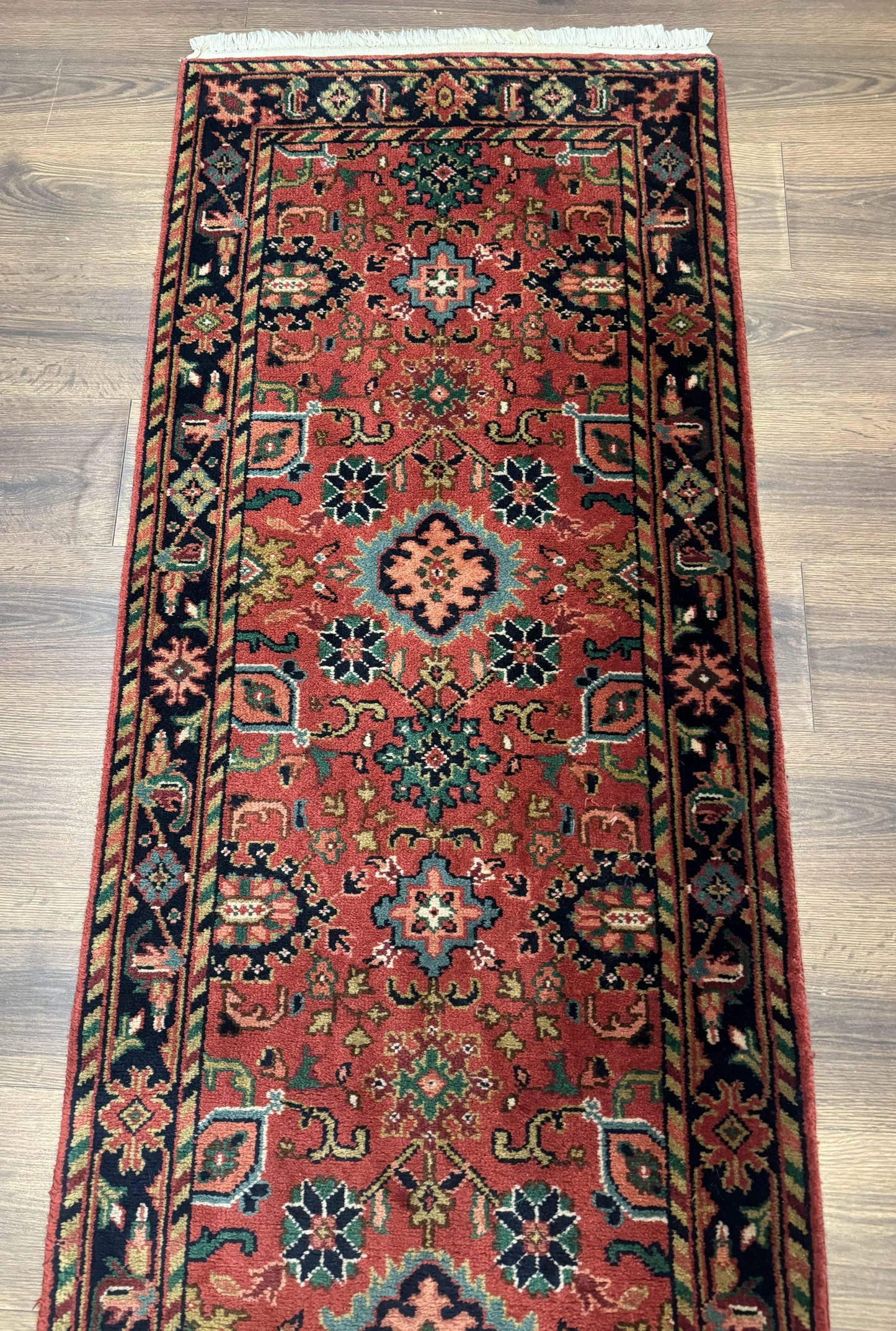 Indo Persian Heriz Runner Rug 2 x 12 ft, Hand Knotted Wool Hallway Rug, Red & Black - Nuvé