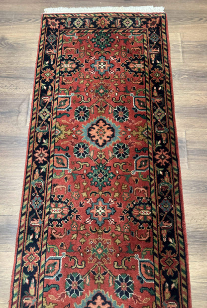 Indo Persian Heriz Runner Rug 2 x 12 ft, Hand Knotted Wool Hallway Rug, Red & Black - Nuvé