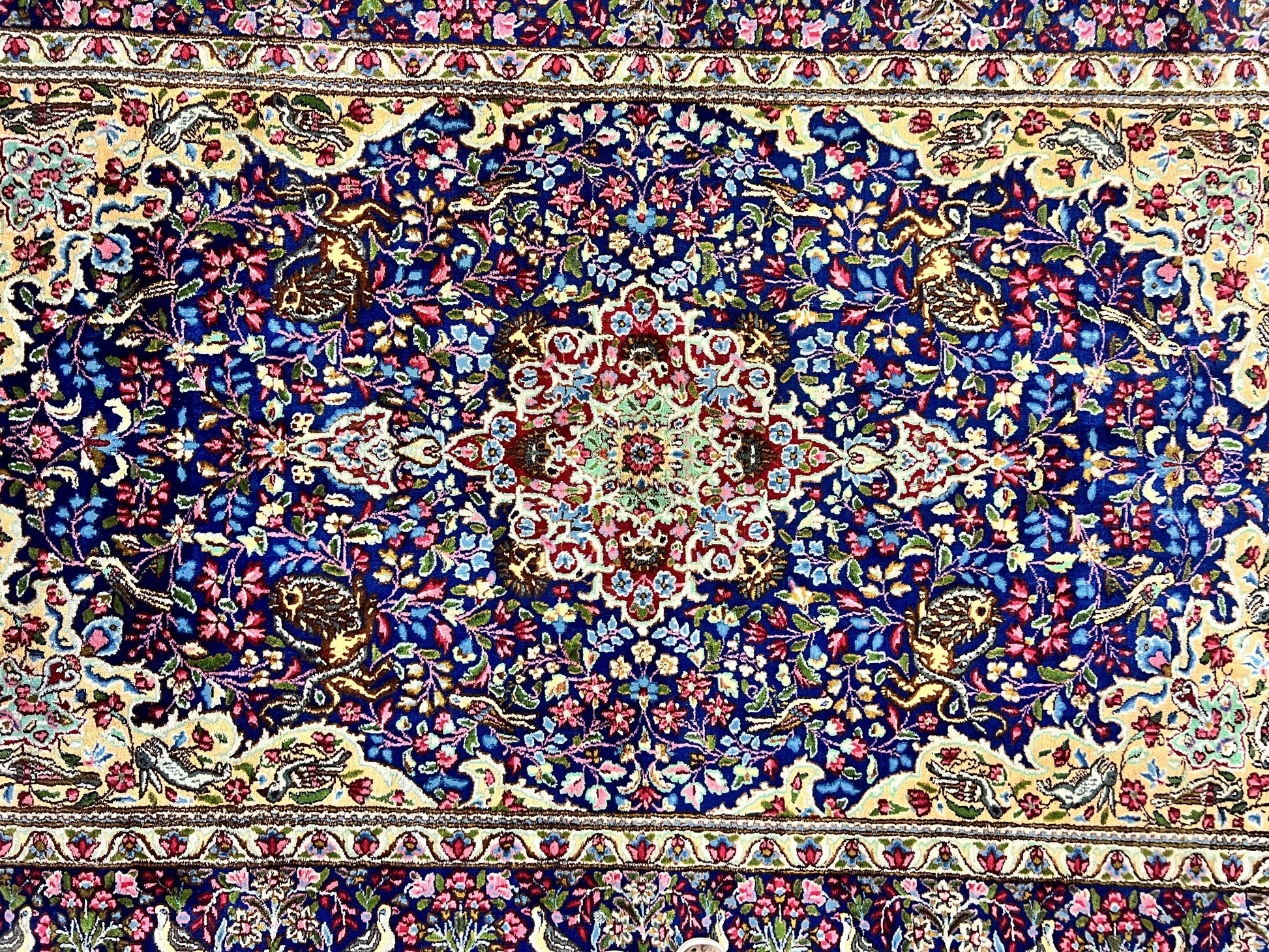 Persian Kirman Rug 6x9, Floral Medallion Vintage Wool Handmade Carpet 6 x 9, Animal Pictorials Birds, Semi Antique, Navy Blue, Millefleur - Nuvé