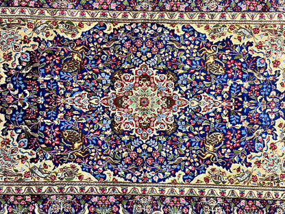 Persian Kirman Rug 6x9, Floral Medallion Vintage Wool Handmade Carpet 6 x 9, Animal Pictorials Birds, Semi Antique, Navy Blue, Millefleur - Nuvé