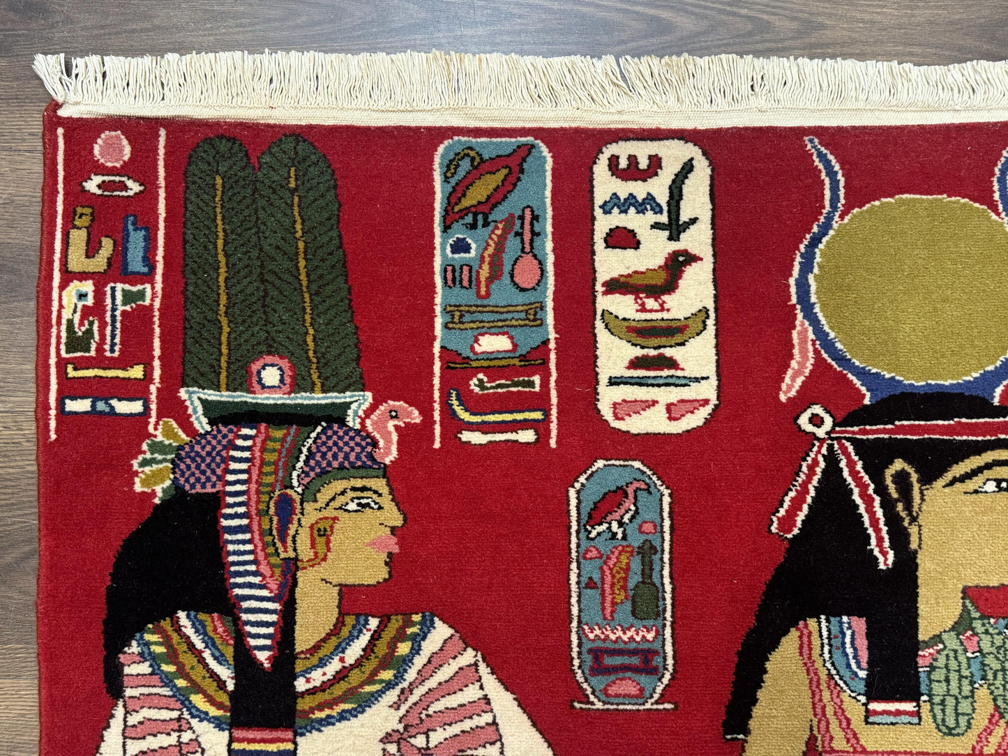 Egyptian Pictorial Rug 3x4, Hieroglyphic Pictorial Rug, Egyptian Prince and Princess, Cleopatra, Vintage Handmade, Red - Nuvé