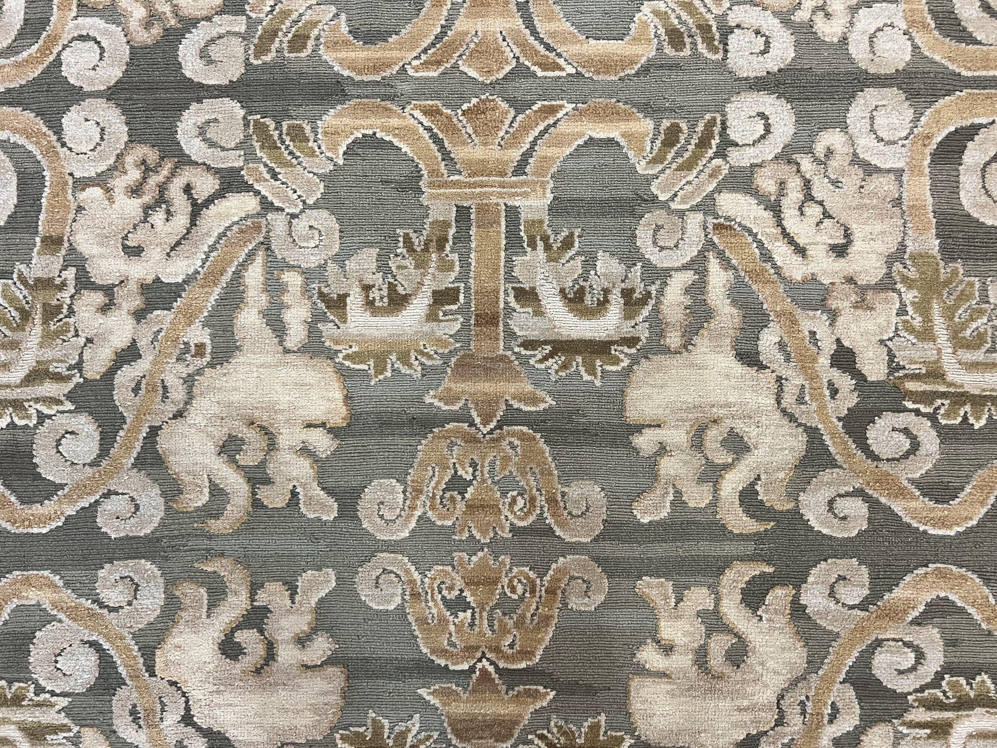 Spanish Rug 11x14, Wool Hand Knotted Vintage Carpet, Olive Green and Beige, Floral Allover, European Design, 11 x 14 Rug - Nuvé