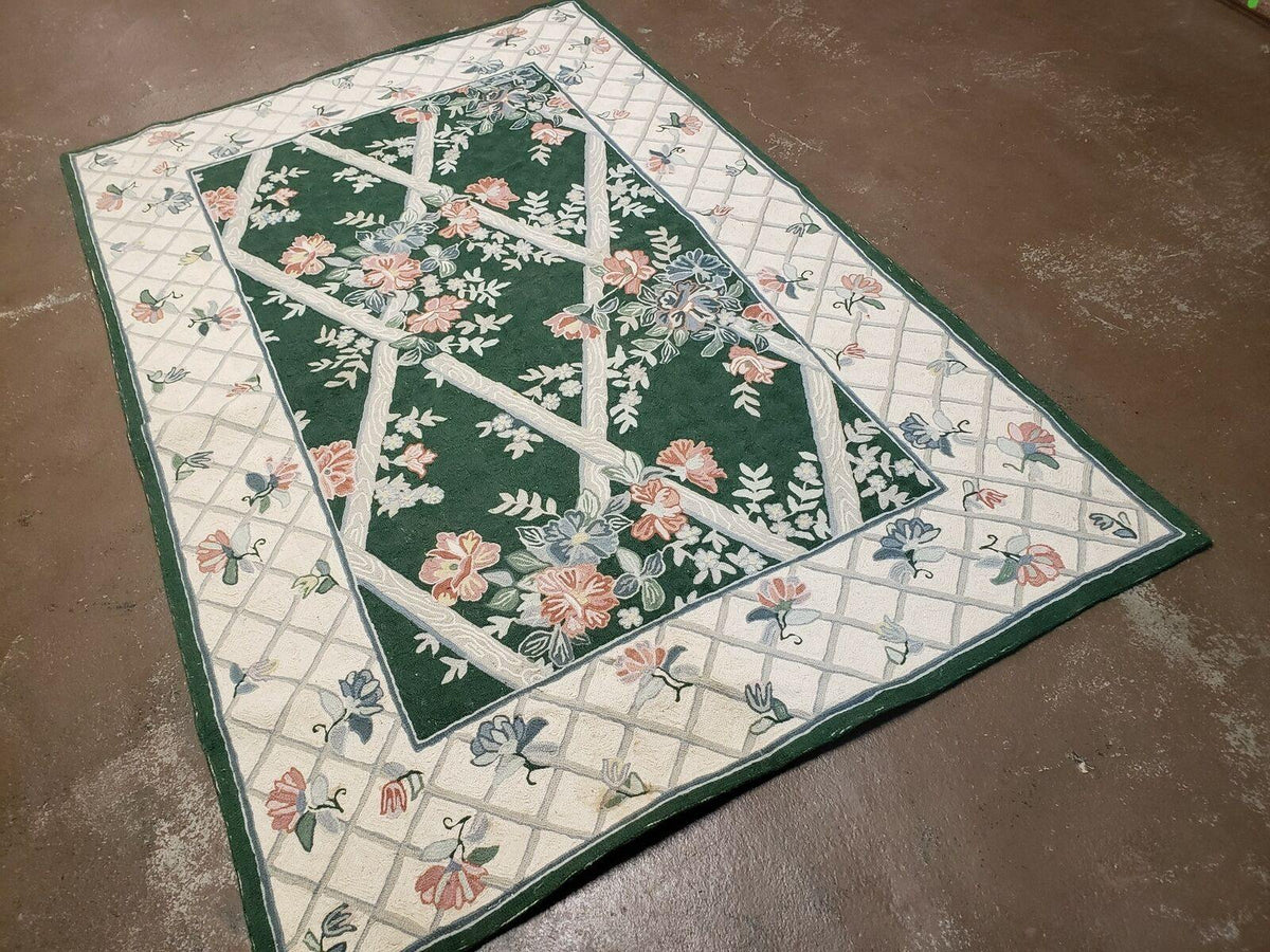 3' 6" X 5' 6" Hand Stitched Indian Wool Rug with Backing Green Beige