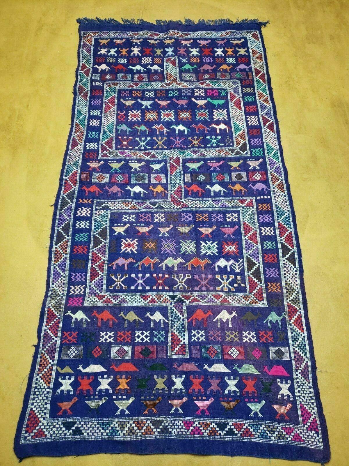 3' X 7' Vintage Handmade Indian Wool Kilim Flat weave Rug Camel Birds Blue Geometric Short Runner - Nuvé