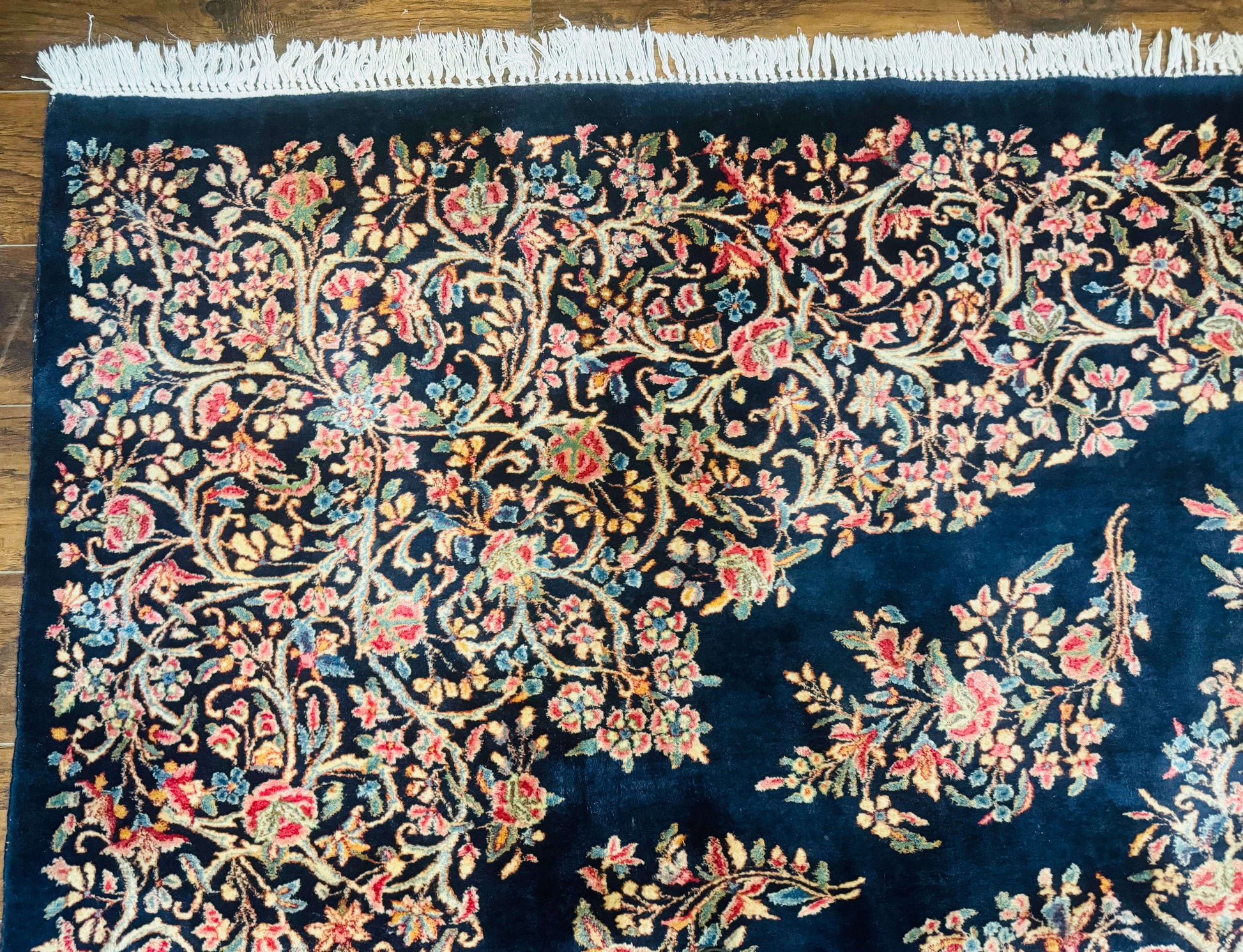 Antique Persian Kerman Rug 10x13, Navy Blue Floral Carpet, Fine 270 KPSI - Nuvé