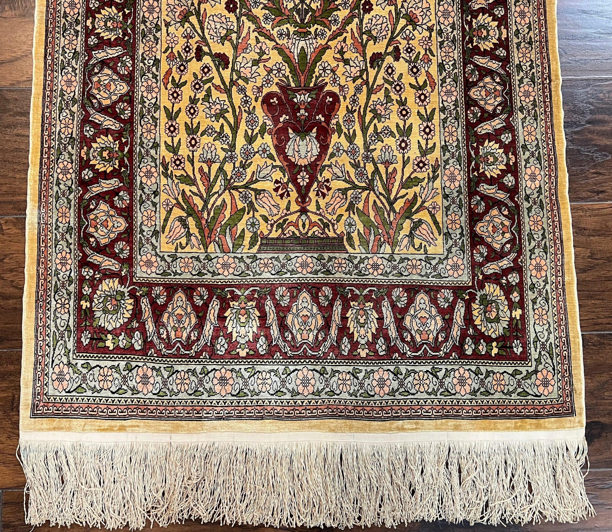 Wonderful Silk Turkish Hereke Prayer Rug 2.8 x 4.5, Tree of Life Design, Signature from Master Weaver, Gold and Burgundy, Handmade, 625 KPSI - Nuvé