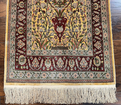 Wonderful Silk Turkish Hereke Prayer Rug 2.8 x 4.5, Tree of Life Design, Signature from Master Weaver, Gold and Burgundy, Handmade, 625 KPSI - Nuvé