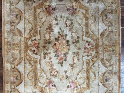 Chinese Aubusson Rug 3.6 x 5, Beige and Gold, Handmade Vintage Elegant European Design Carpet, Plush Wool, Handmade - Nuvé