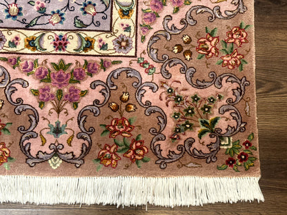Wonderful Persian Tabriz Rug 7x10, Very Fine 330 KPSI, Light Green Light Blue Pink, Kork Wool Silk Foundation, Bird Pictorials - Nuvé