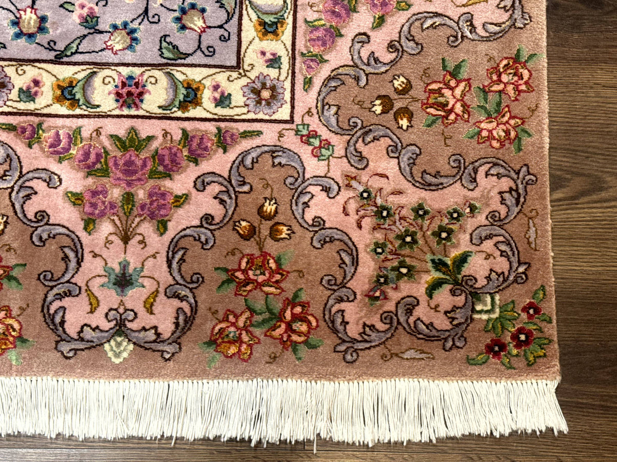 Wonderful Persian Tabriz Rug 7x10, Very Fine 330 KPSI, Light Green Light Blue Pink, Kork Wool Silk Foundation, Bird Pictorials