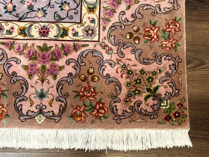 Wonderful Persian Tabriz Rug 7x10, Very Fine 330 KPSI, Light Green Light Blue Pink, Kork Wool Silk Foundation, Bird Pictorials