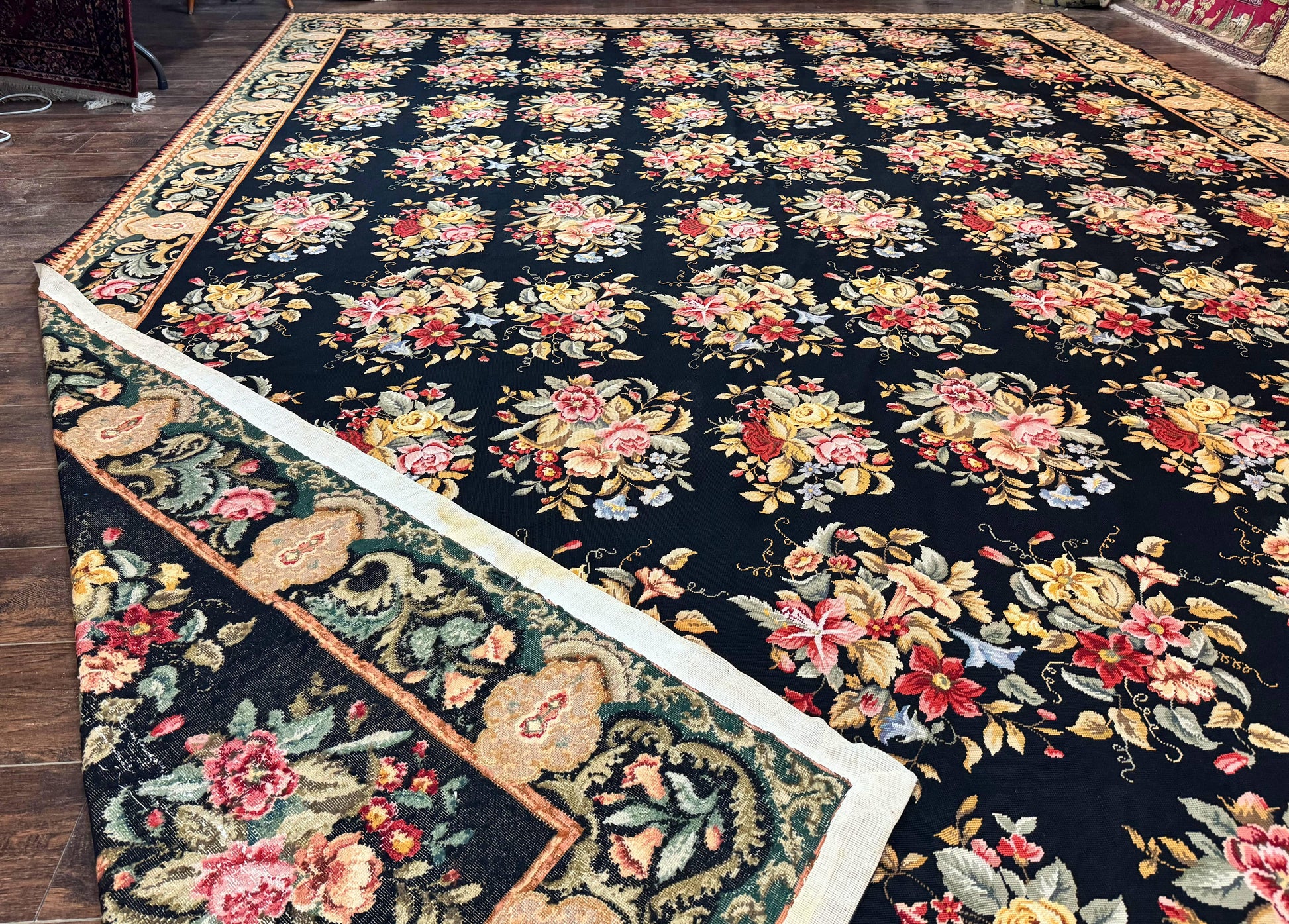 Palace Size Needlepoint Rug 12x16, Black and Colorful, Floral Panel, Handmade Oversized Wool Needlepoint Carpet, Rare - Nuvé
