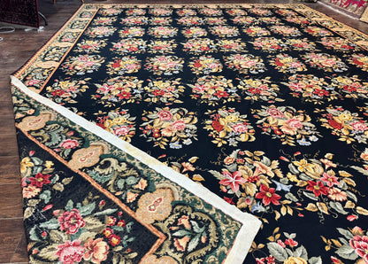 Palace Size Needlepoint Rug 12x16, Black and Colorful, Floral Panel, Handmade Oversized Wool Needlepoint Carpet, Rare - Nuvé