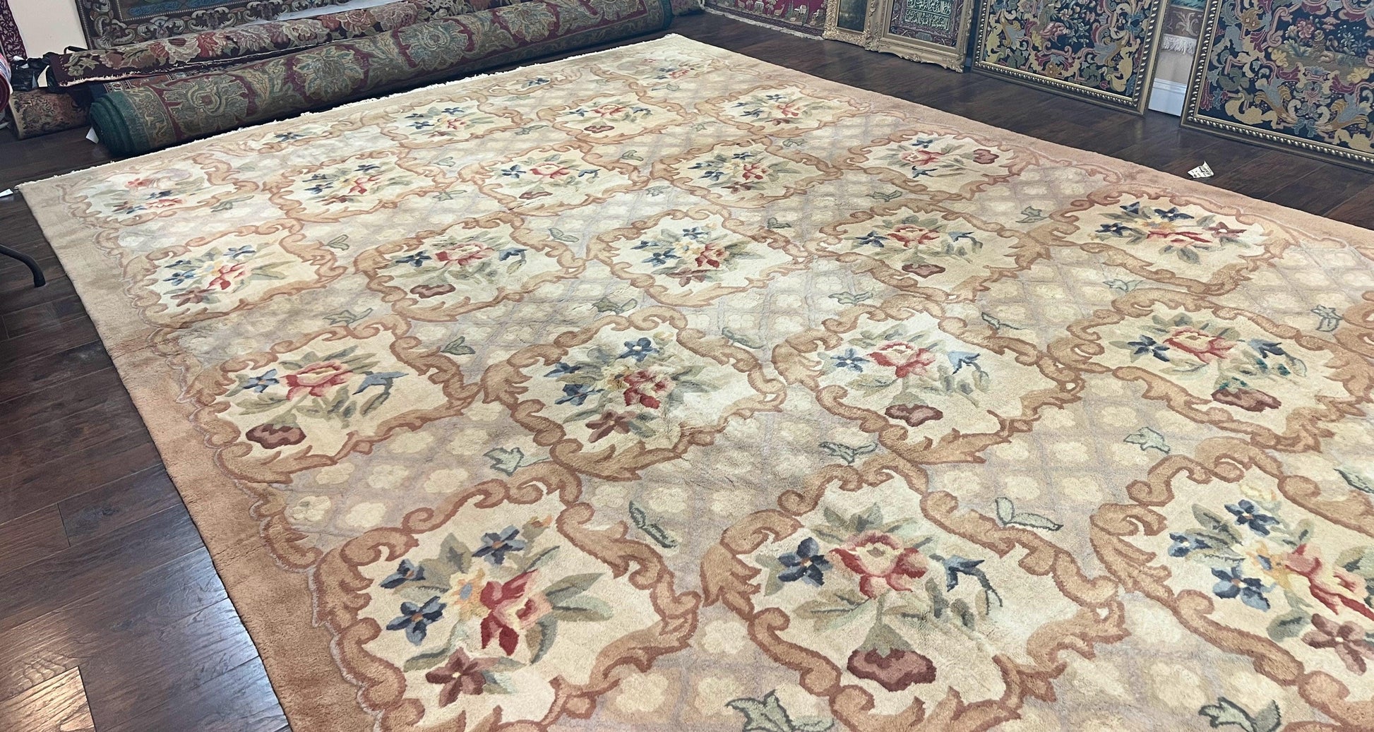 Indo Chinese Aubusson Wool Rug 11x16, Palace Sized Carpet, Oversized Handmade Vintage Rug, European Design - Nuvé