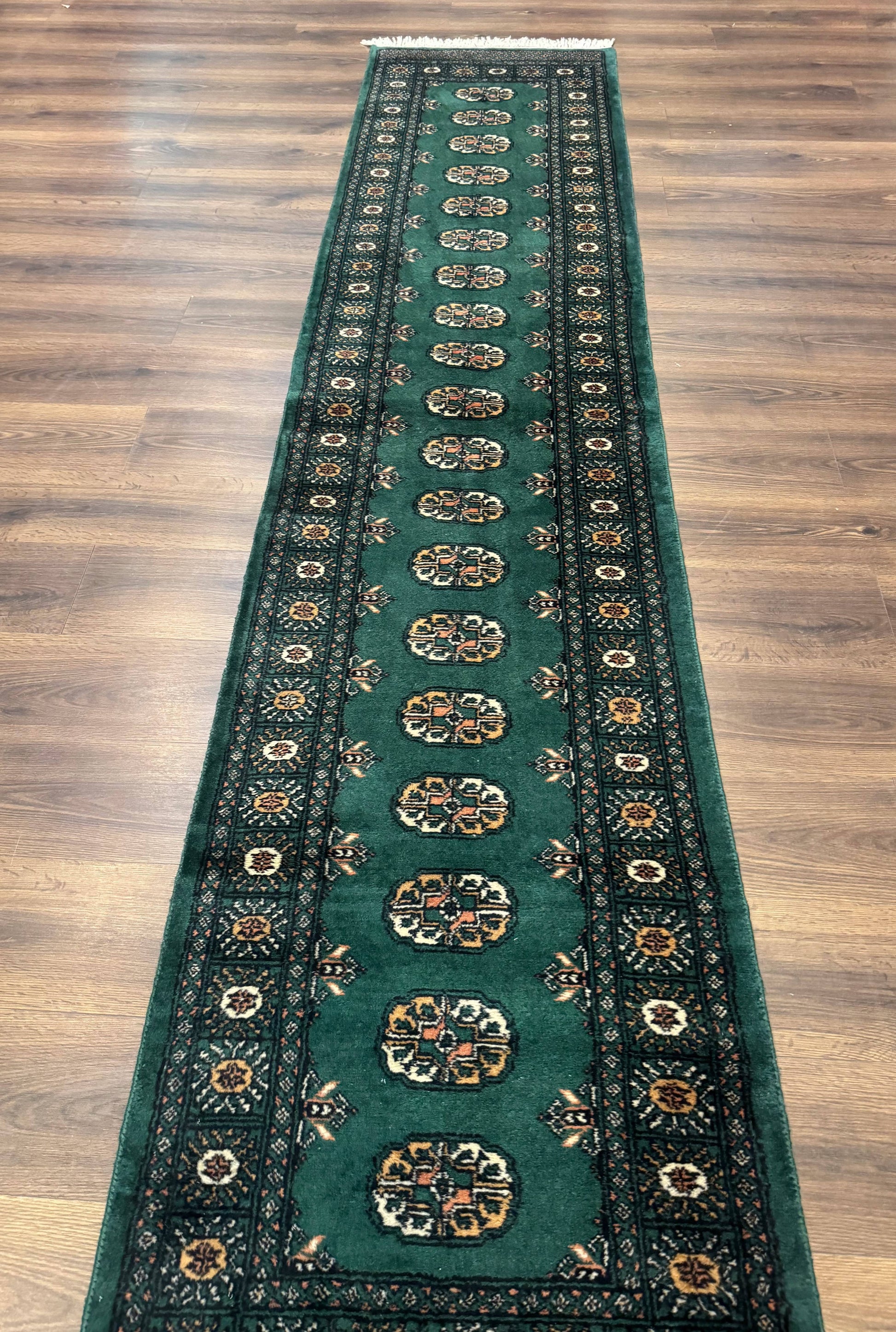 Pakistani Bokhara Runner Rug 2.5 x 11, Green Turkoman Wool Runner for Hallway - Nuvé