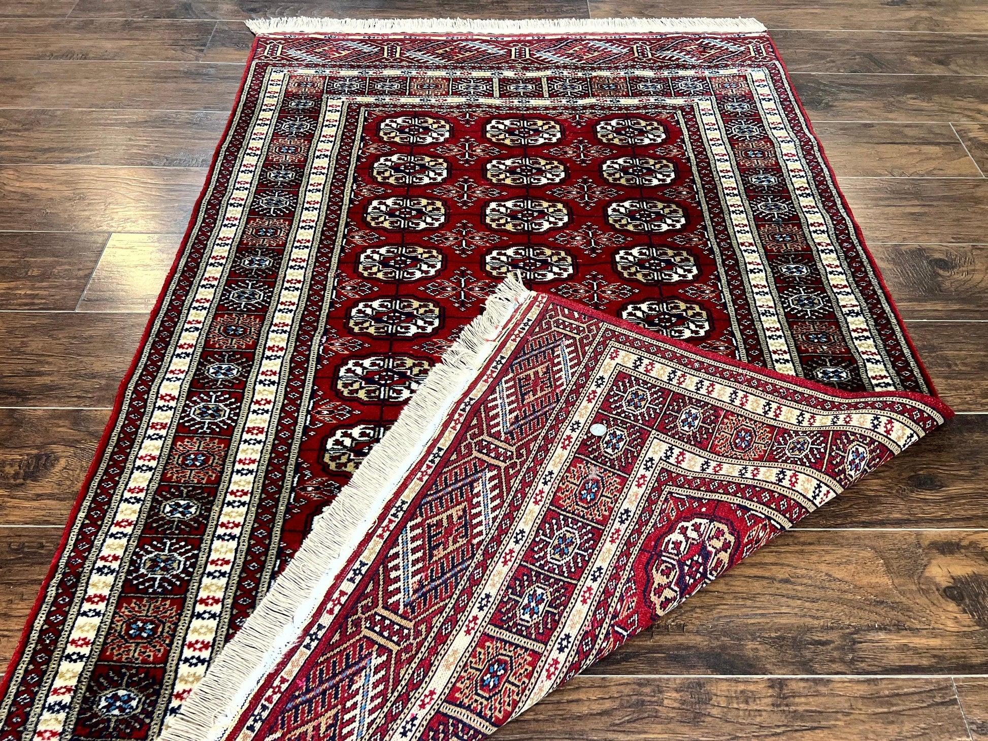 Pakistani Bokhara Rug 4x6, Red Turkoman Carpet, Finely Hand Knotted, Wool Vintage Rug - Nuvé