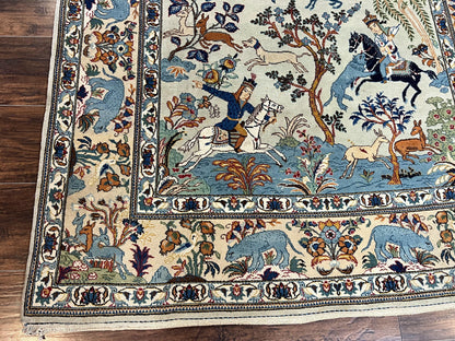 Persian Kashan Pictorial Rug 4.6 x 7, Hunting Scene, SIgned by Masterweaver, Animal Pictorials, Rare, Handmade, Wool, Vintage, Very Fine - Nuvé