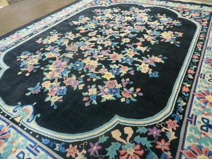 8' x 10' Vintage Handmade Art Deco Plush Chinese Wool Rug center Flower Black - Nuvé