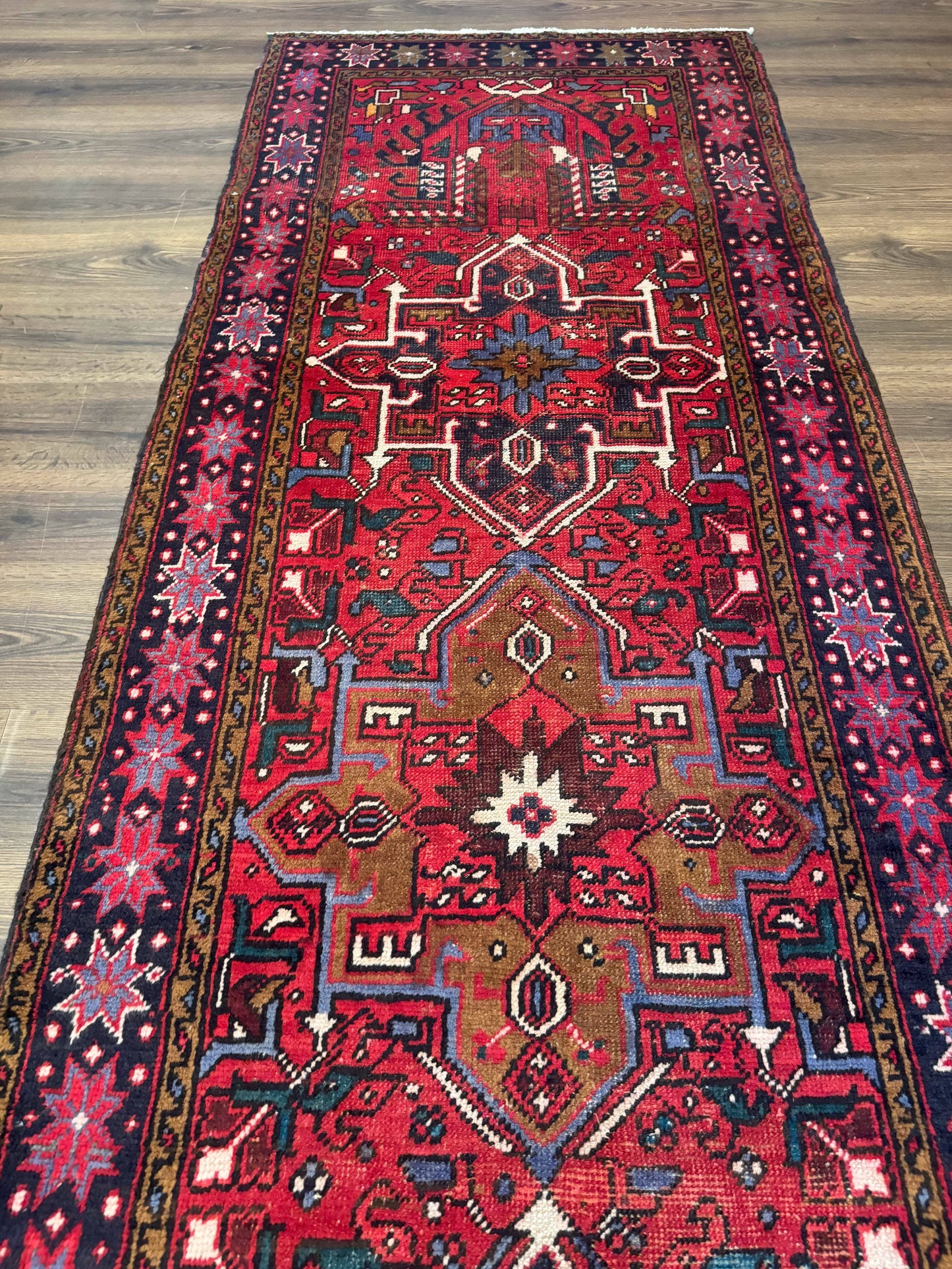 Persian Heriz Karajeh Runner Rug 3.7 x 12, Geometric Medallions, Red and Navy Blue - Nuvé
