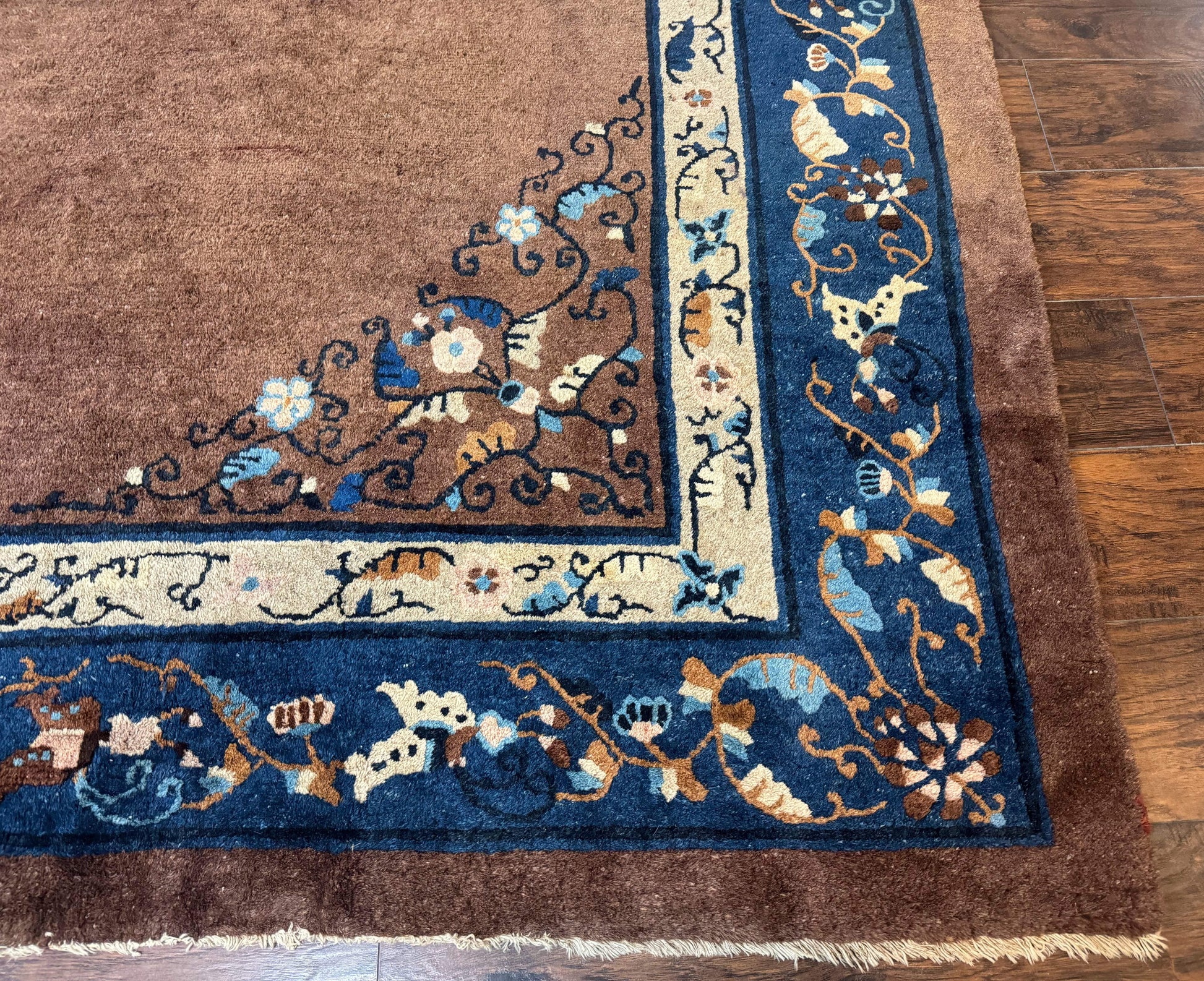 Antique Chinese Wool Rug 9x11, Large Chinese Art Deco Rug, Peking Rug, Brown and Blue, Open Field, Fete Rug - Nuvé