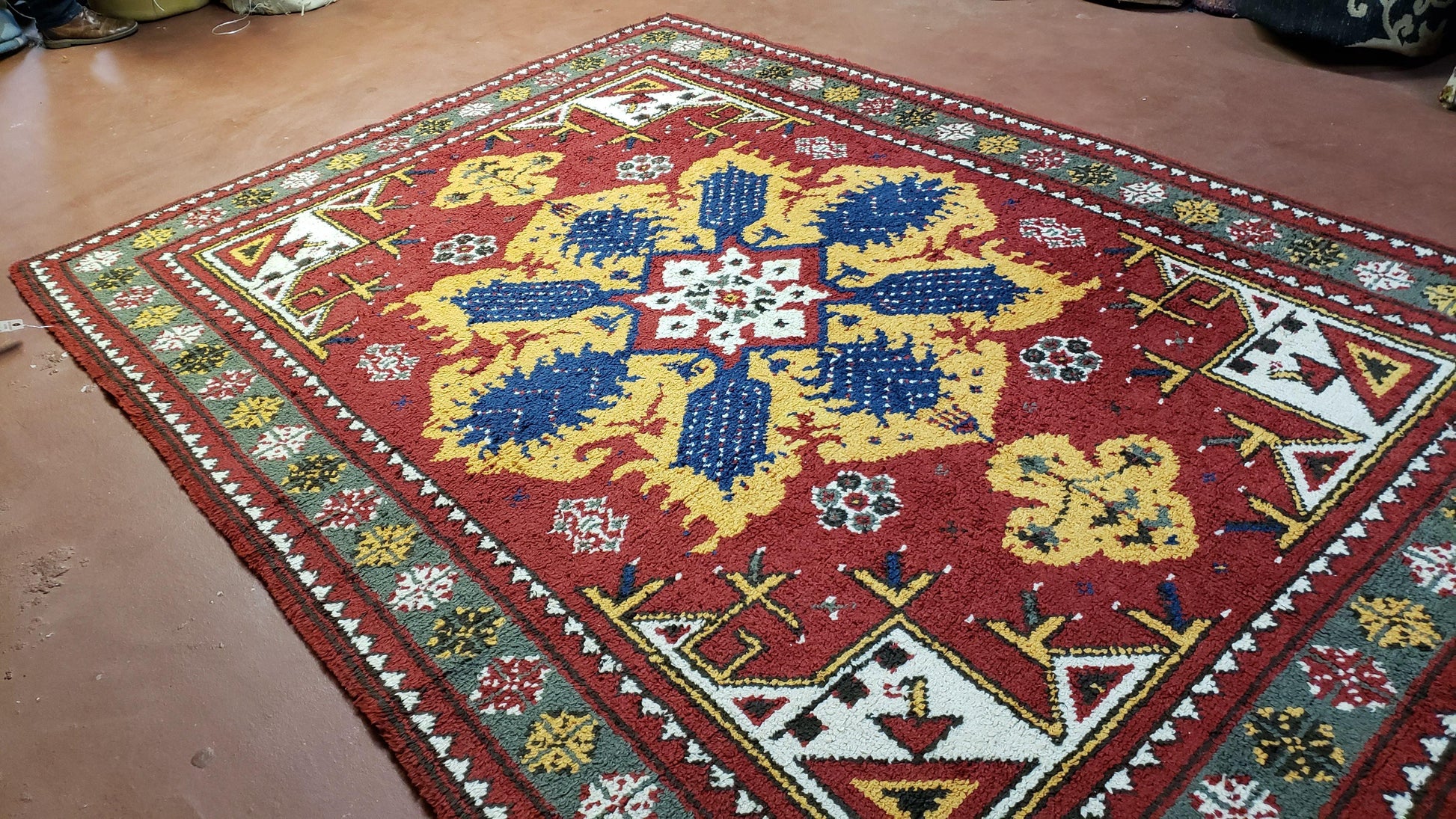 Colorful Moroccan Heriz Rug 6x9, Large Central Medallion, Red Yellow Blue - Nuvé