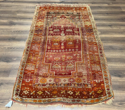 Antique Turkish Melas Rug 4x7, Tribal Geometric Unique Collectible Hand Knotted Wool Oriental Carpet, Rare 1920s Rug, Burnt Orange Red - Nuvé