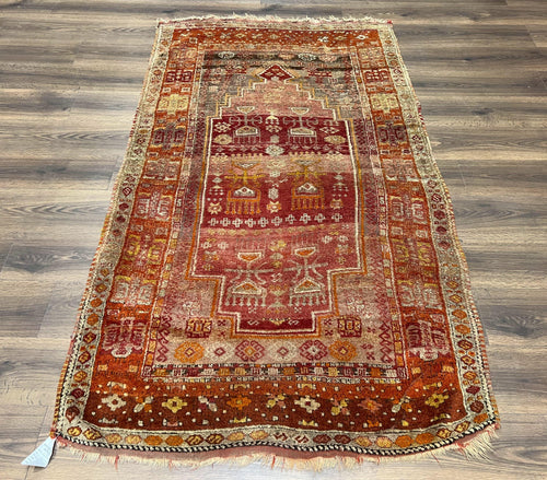 Antique Turkish Melas Rug 4x7, Tribal Geometric Unique Collectible Hand Knotted Wool Oriental Carpet, Rare 1920s Rug, Burnt Orange Red - Nuvé