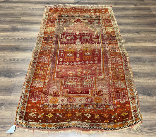 Antique Turkish Melas Rug 4x7, Tribal Geometric Unique Collectible Hand Knotted Wool Oriental Carpet, Rare 1920s Rug, Burnt Orange Red - Nuvé