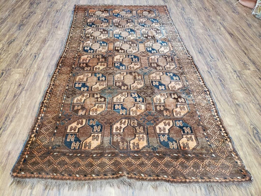 Antique Afghan Tribal Area Rug 4' x 7' 8", Afghanistan Bashir Oriental Carpet, Hand-Knotted Brown Vintage Rug, Wool on Wool Corridor Rug - Nuvé
