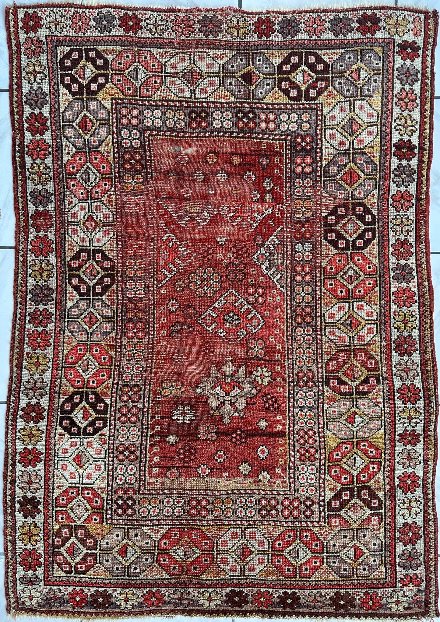 Antique Turkish Wool Distressed Prayer Rug 4’3” x 5’11” - Nuvé