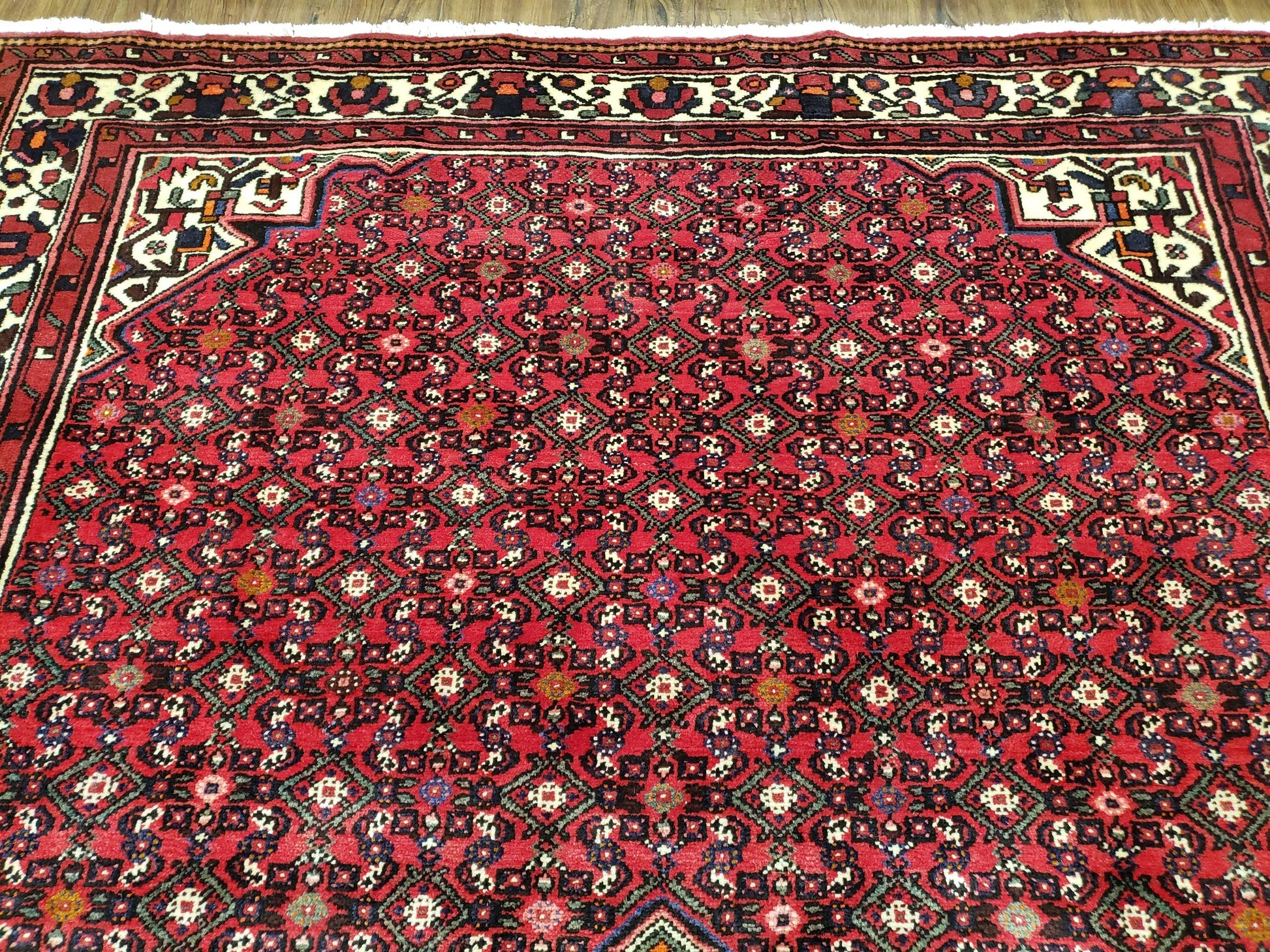 Vintage Persian Hamedan Rug 7x10, Angelas Mahi Pattern, Red, Wool, Hand-Knotted - Nuvé