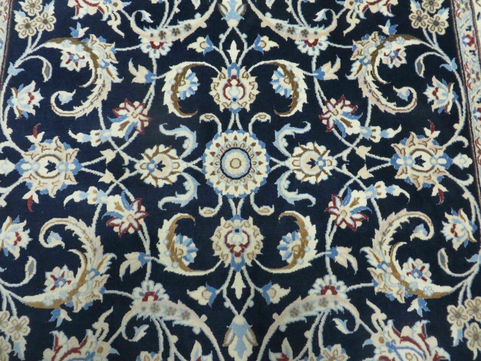 Persian Nain Rug 4x7, Navy Blue and Ivory, Handmade, Wool & Silk Highlights, Fine Oriental Rug, Vintage - Nuvé
