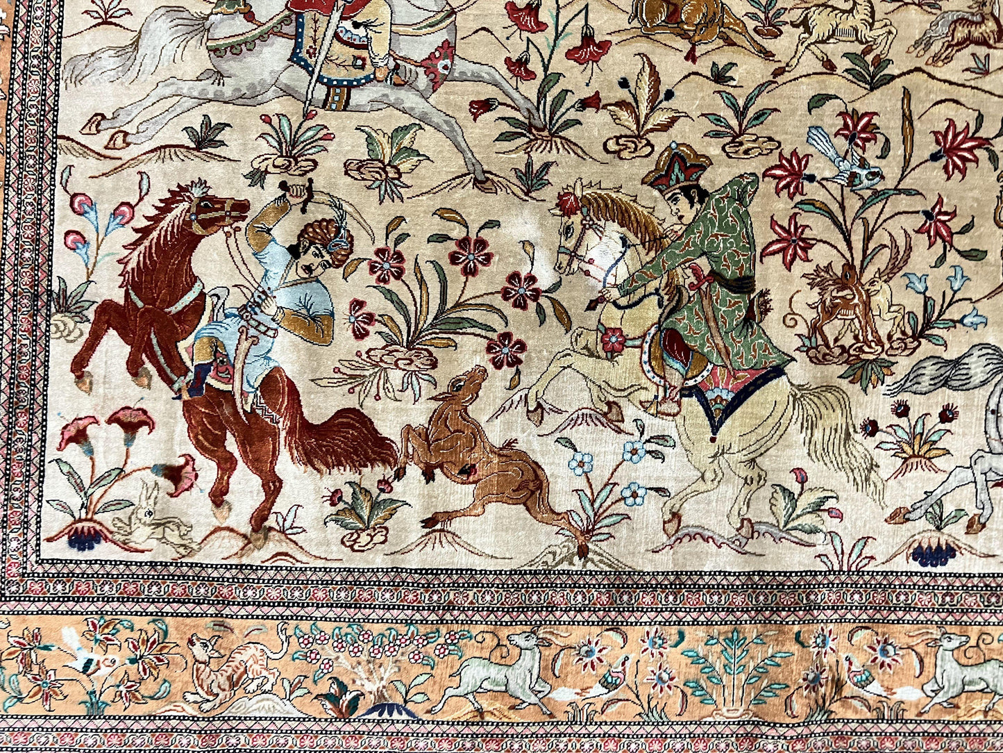 Silk Persian Qum Rug 3x5, Hunting Pattern, Handmade Vintage Carpet, Signed by Master Weaver, Horsemen Pictorials, Super Fine 650 KPSI - Nuvé