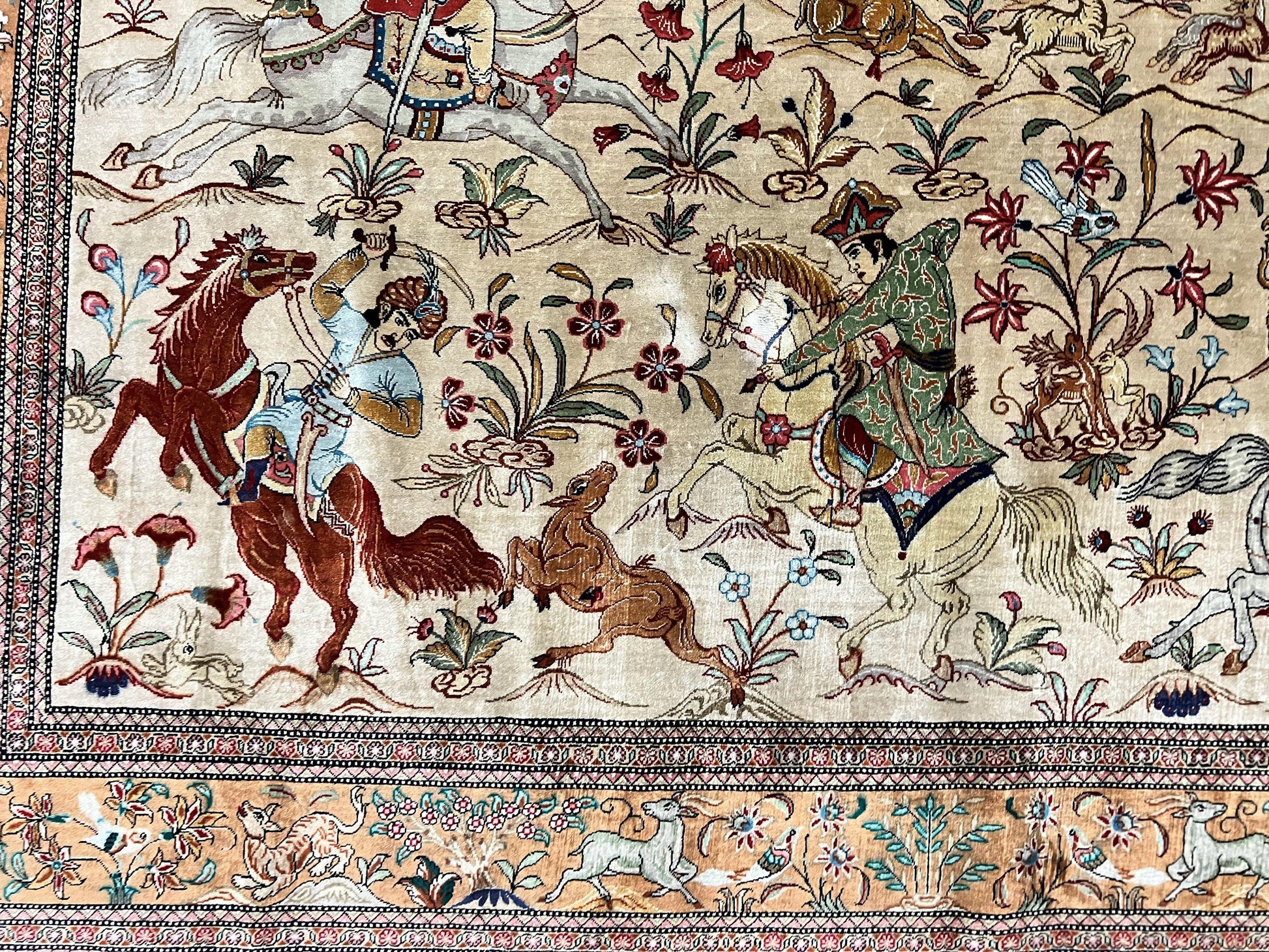 Silk Persian Qum Rug 3x5, Hunting Pattern, Handmade Vintage Carpet, Signed by Master Weaver, Horsemen Pictorials, Super Fine 650 KPSI - Nuvé