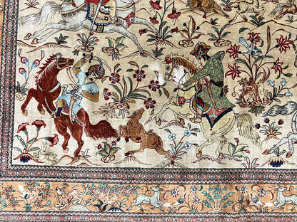 Silk Persian Qum Rug 3x5, Hunting Pattern, Handmade Vintage Carpet, Signed by Master Weaver, Horsemen Pictorials, Super Fine 650 KPSI - Nuvé