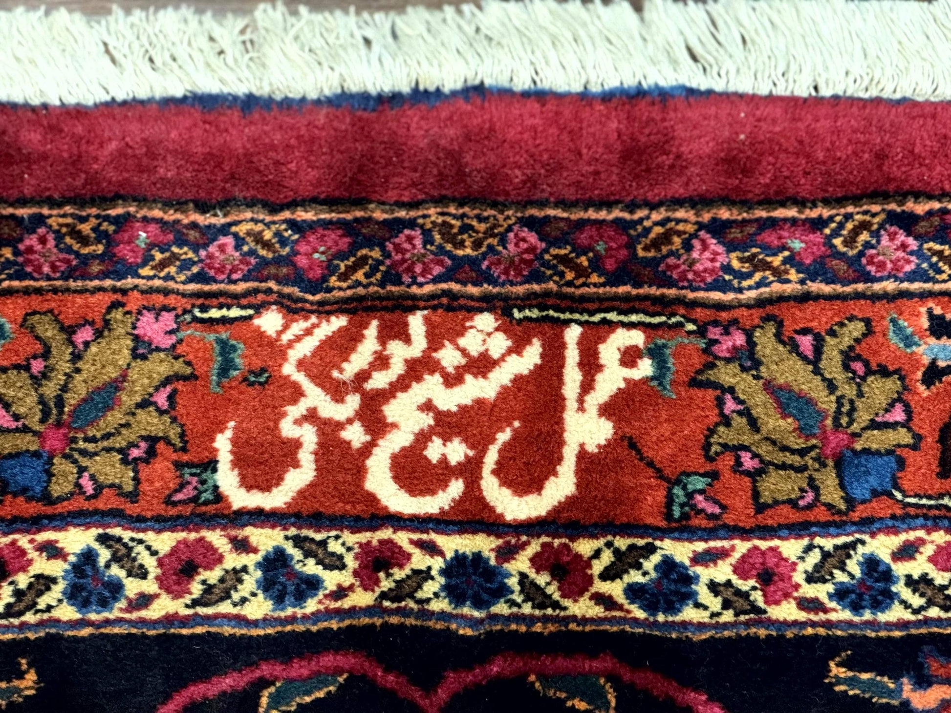 Palace Size Persian Mashad Rug 12x16, Raspberry and Navy Blue, Signature from Master Weaver, Antique Handmade Large Wool Carpet - Nuvé