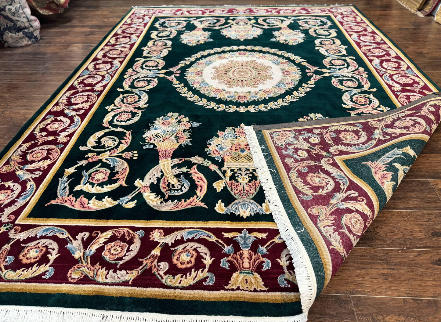 Aubusson Rug 9x12, Dark Green, European Design, Vintage Fine Handmade Carpet, Elegant - Nuvé