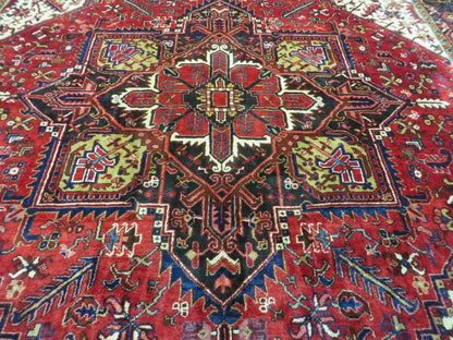 Wonderful Persian Heriz Rug 8.6 x 11, Geometric Heriz Carpet, Semi Antique Decorative Area Rug, Red Ivory Dark Blue Handmade Wool Room Sized - Nuvé