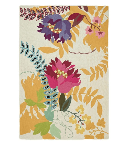 Indian Chain Stitched Rug 4x6, Hand Stitched Indian Embroidery Carpet, Large Floral Design, Contemporary, Cream and Colorful Flowers, Wool